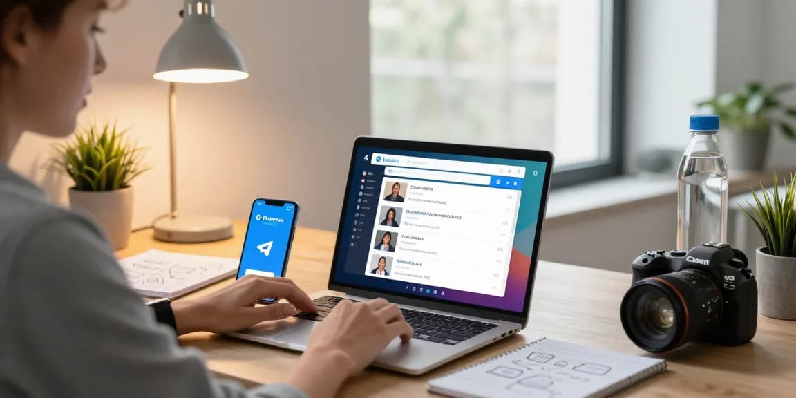 Using Telegram Web on a laptop in a modern workspace with notifications and a bright atmosphere.
