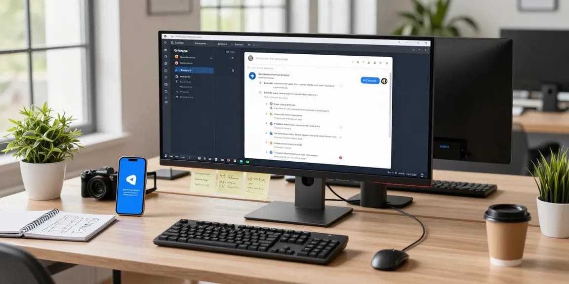 Developer using Telegram Web Version on a wide monitor in a modern workspace with tech gear.