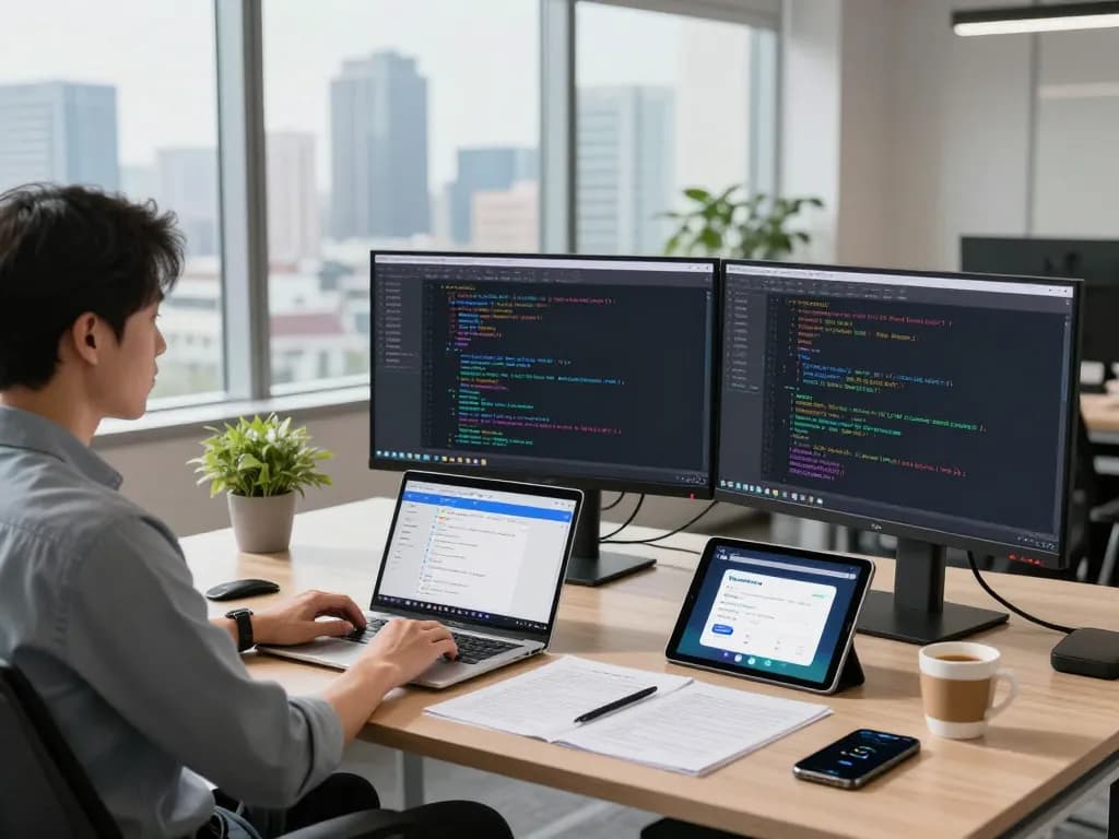 现代办公室中，带有编码和人工智能技术的有道翻译下载工作区。