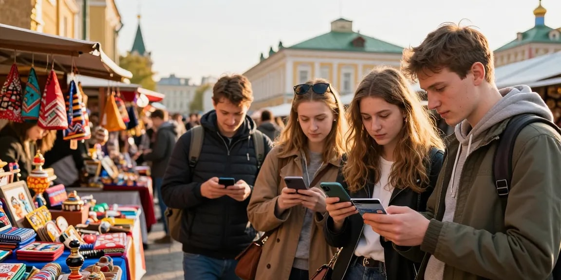 Exploradores en un mercado ruso utilizando https://payinrussia.com/ mientras disfrutan de la cultura local.