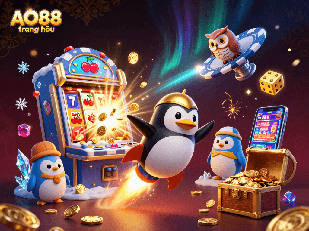 Experience AO88 trang chủ with the golden penguin racing toward a casino, surrounded by a dazzling jackpot and gaming symbols.