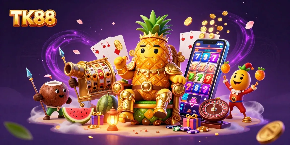 Experience thrilling jackpots with TK88's golden pineapple king in a vibrant casino paradise.