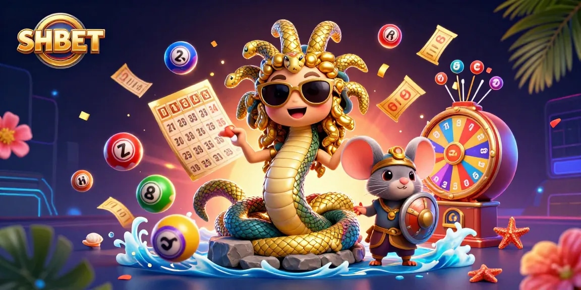 Engage with SHBET's exciting lottery environment as Medusa and a warrior mouse shine in this vibrant 3D illustration.