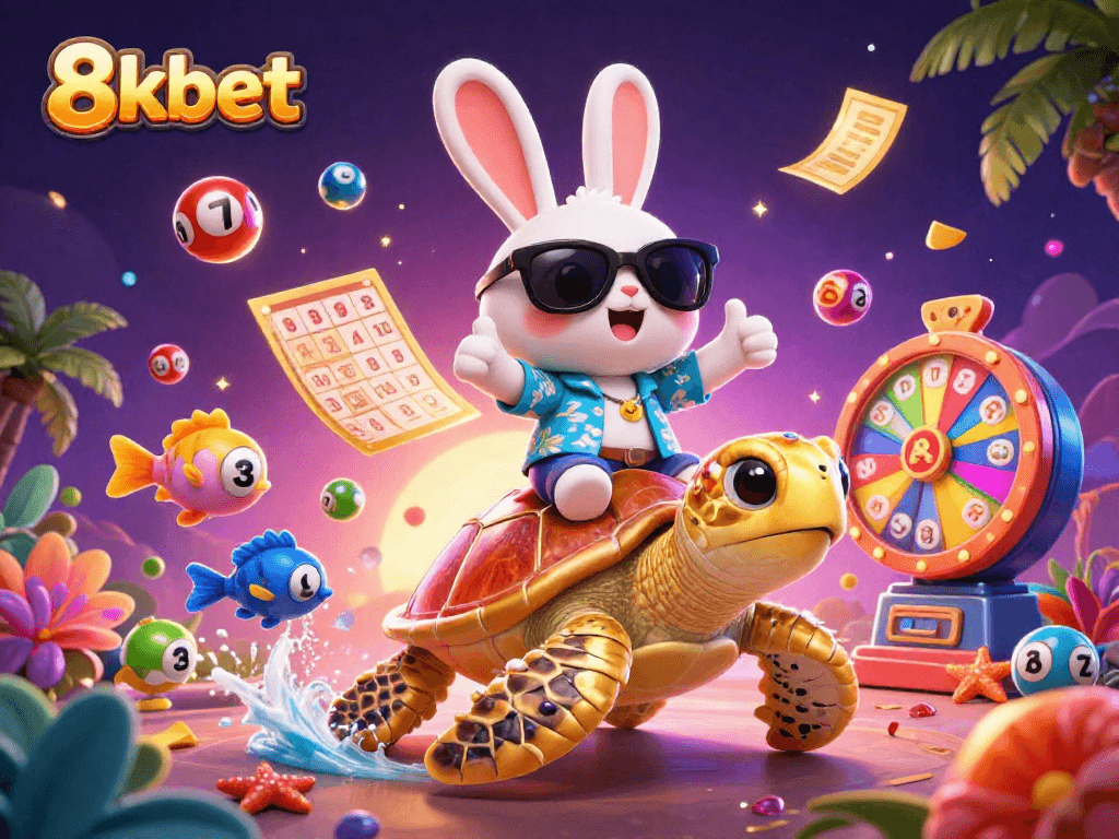 Experience the excitement at 8xbet with a playful lucky rabbit and golden turtle amidst colorful lottery elements.