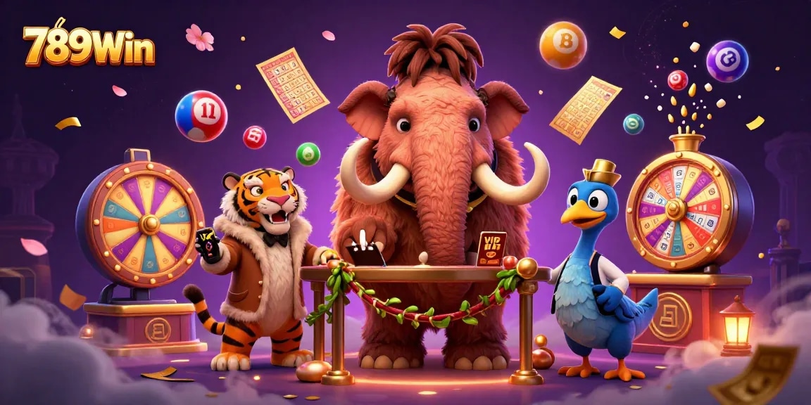 Experience the vibrant world of 789Win with entertaining casino elements and characters like mammoths and tigers.