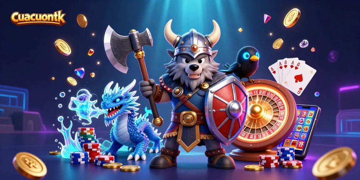 Engage with cuacuonttk's universe where a wolf warrior battles, rich gems cascade amidst a vibrant casino.