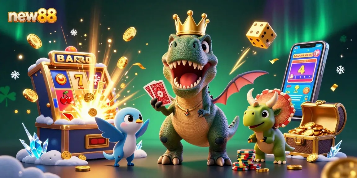 Experience thrilling gameplay at new88 as a T-Rex shuffles cards, surrounded by vibrant casino elements.