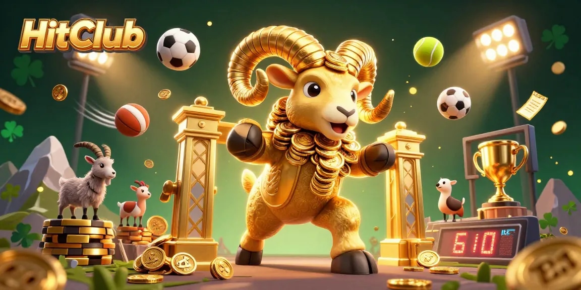 HitClub unleashes thrilling gameplay with a vibrant scene of a golden ram, sports elements, and dynamic energy.