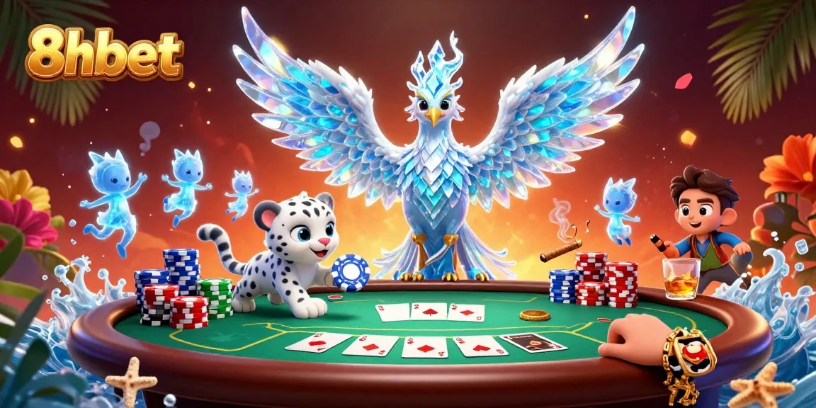 Experience thrilling gameplay at 8xbet with a fantasy illustration showcasing an ice phoenix and poker elements.