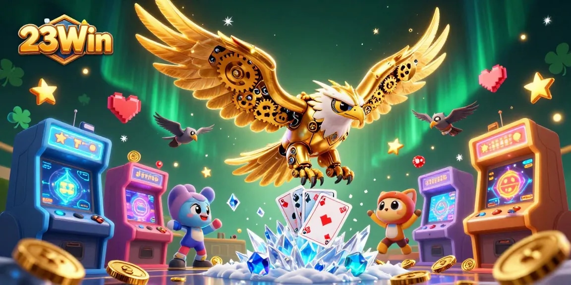 Dive into excitement with 23Win's vibrant casino scene featuring a golden eagle, arcade machines, and dynamic elements.