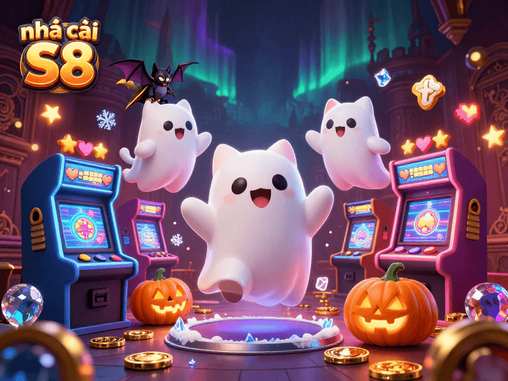 Experience the excitement of nhà cái S8 with a friendly ghost cat and vampire bat in a vibrant casino setting.