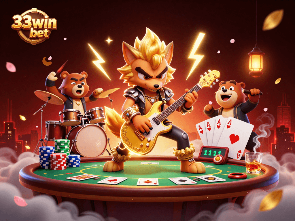 33win bet showcases a dynamic casino scene with vibrant characters and thrilling poker elements.