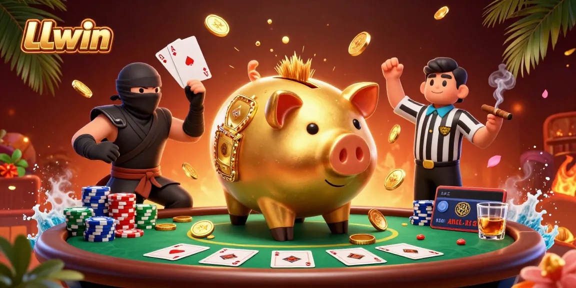 LLwin features a golden piggy bank wrestler surrounded by thrilling poker elements.