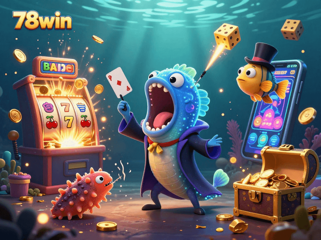 Experience exciting card tricks and jackpots with 78win in this vibrant gambling illustration.