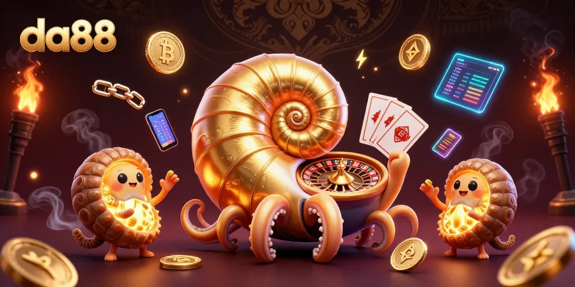 Engage with da88 in a vibrant gambling scene featuring a giant nautilus roulette wheel.