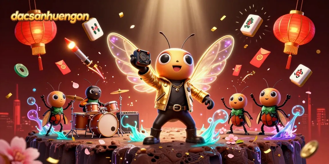dacsanhuengon captures thrilling gambling vibes with a 3D cartoon scene of a cicada rock star and dynamic casino elements.