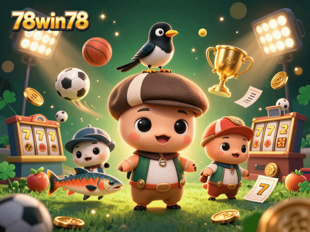 Engage with 78win78's vibrant casino gaming scene featuring Nessie, a magpie, and vibrant slot elements.
