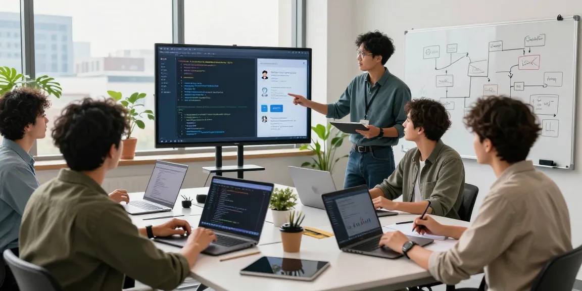 Diverse professionals collaborating to build internal tools with AI in a modern office.
