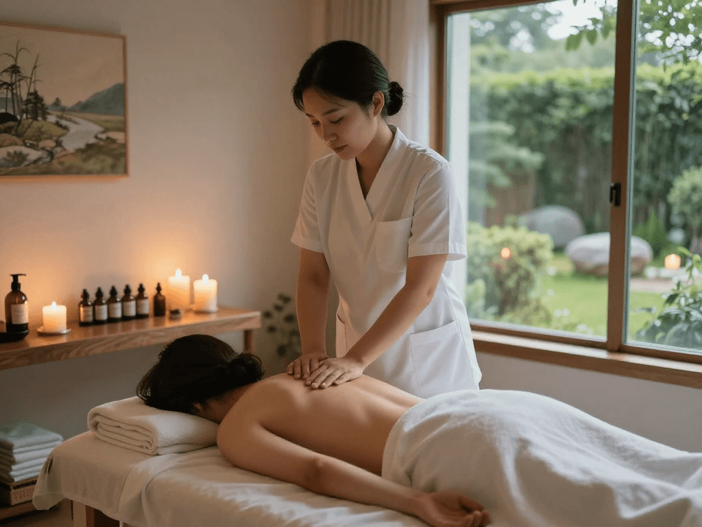 의정부출장안마 massage session in a calming therapy studio with soft lighting and essential oils
