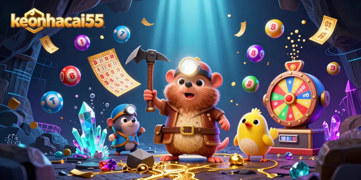 Engage with keonhacai55 in a vibrant lottery-themed 3D scene featuring treasure hunting elements.