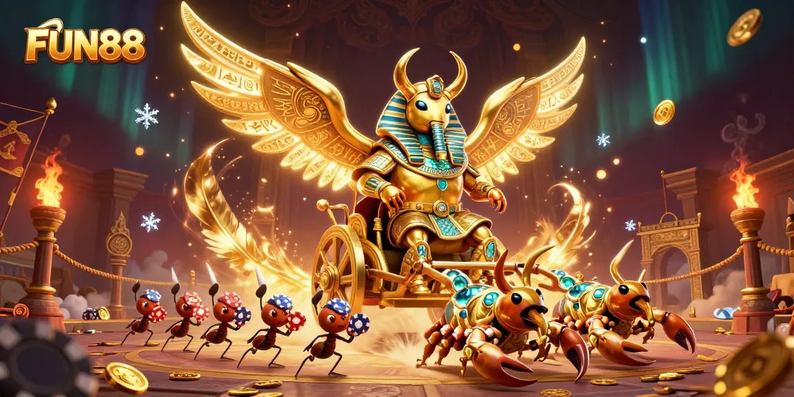 Engage in thrilling gameplay at FUN88 with golden scarab beetle characters and poker chips
