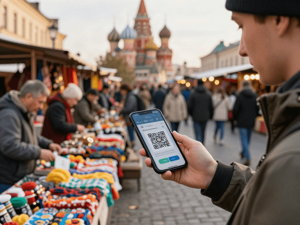 Un turista usa https://payinrussia.com/ en un mercado de Rusia, mostrando un código QR rodeado de vendedores y productos coloridos.