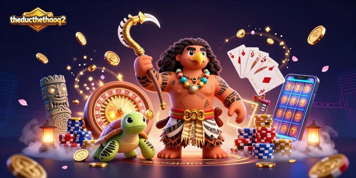 Engage with the thrilling atmosphere of theducthethaoq2, featuring vibrant casino characters amidst flying coins and glowing gems.