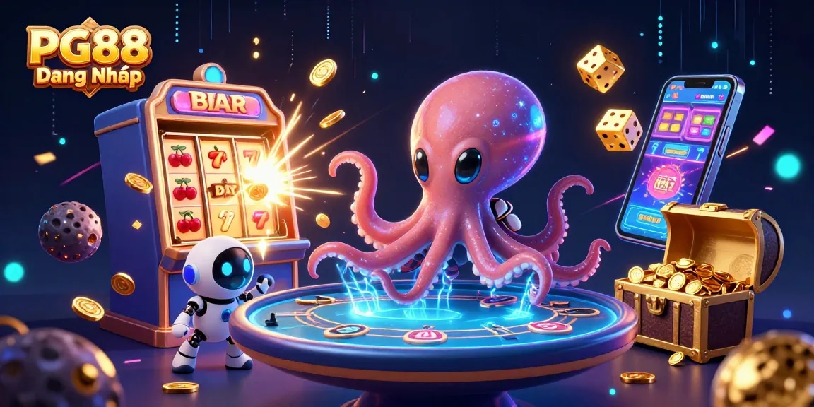 Engage with PG88 Đăng Nhập at a vibrant online casino featuring an alien octopus and a tiny robot.