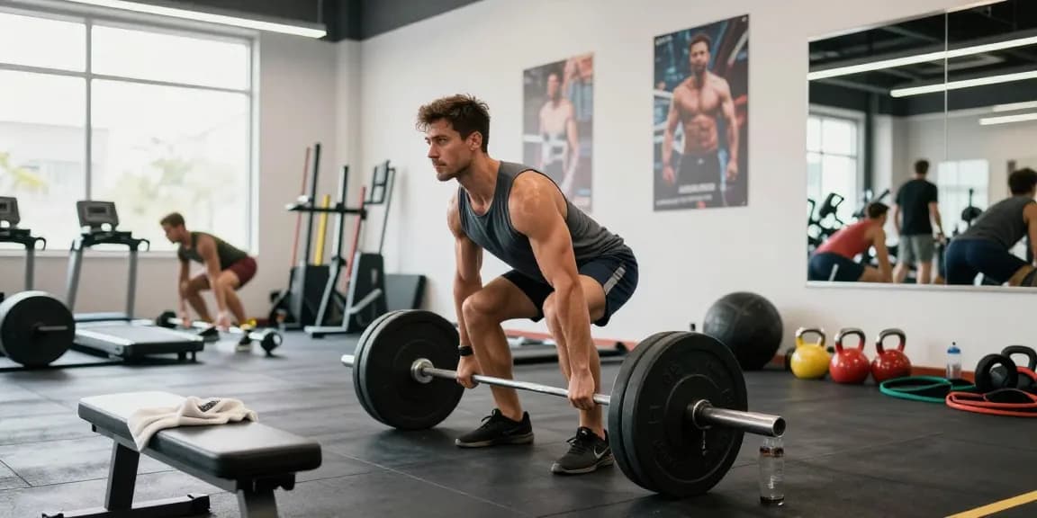Entrenador levantando pesas en el gimnasio de Esteroidesshop, mostrando dedicación y energía durante su rutina de entrenamiento.