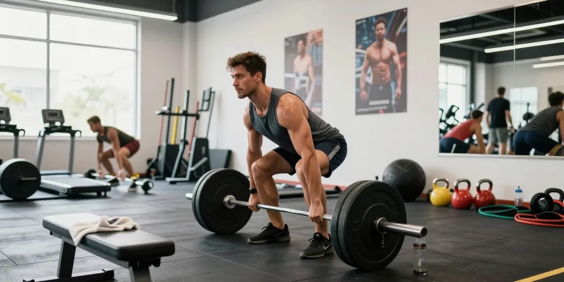 Entrenador levantando pesas en el gimnasio de Esteroidesshop, mostrando dedicación y energía durante su rutina de entrenamiento.
