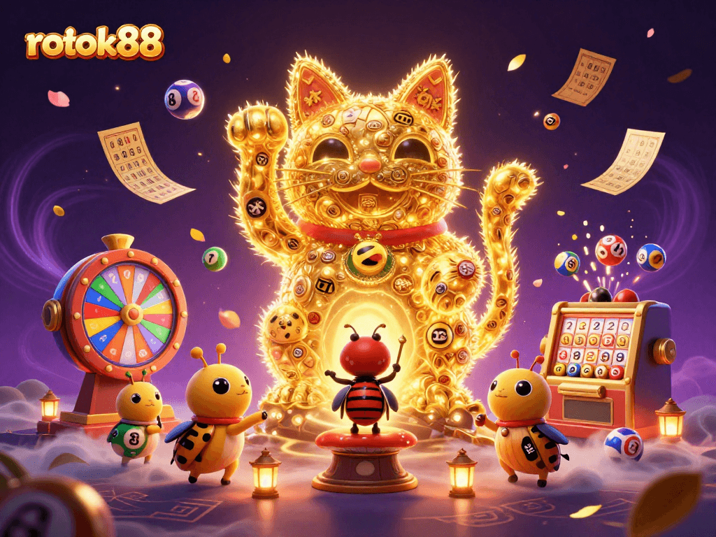 Experience winning moments with rokok88, showcasing a vibrant casino-themed illustration full of lucky symbols.
