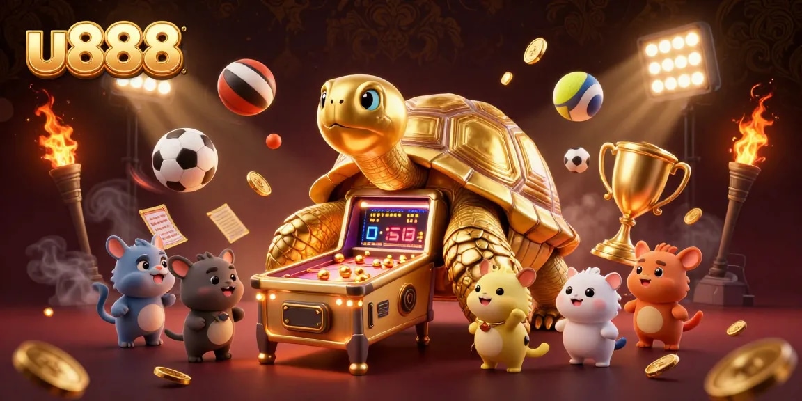 Engage with exciting gaming at U888, showcasing colorful elements like sports balls and a golden tortoise.