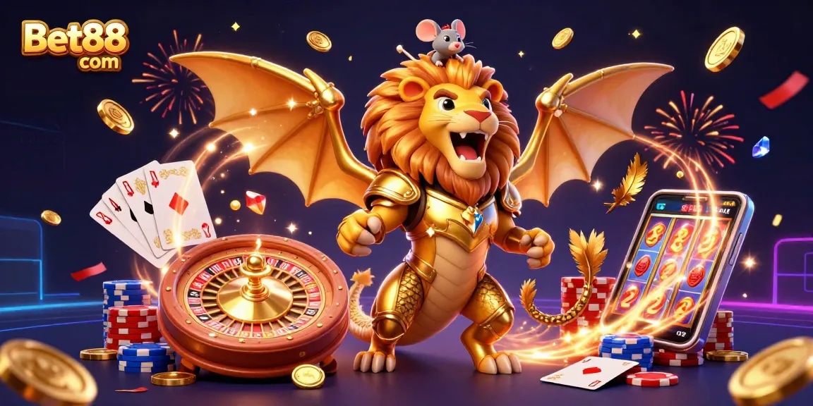 Experience excitement at Bet88 com as the chimera and jockey celebrate with flying coins and dazzling slots.