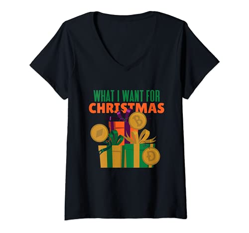 Mujer Lo que quiero para Navidad es Crypto Dogecoin ETH Bitcoin Camiseta Cuello V