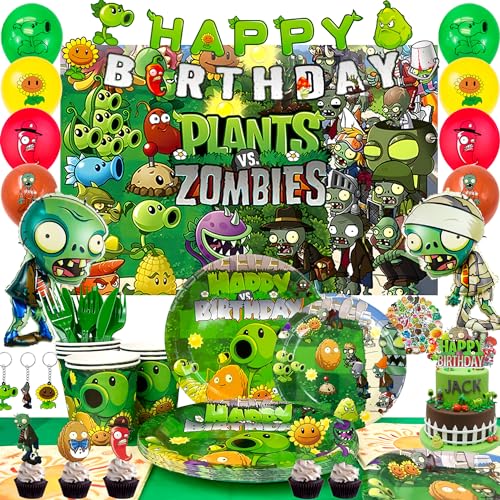 Plantas Contra Zombies Suministros, 169pcs set de Vajilla&Decoración Cumpleaños Plants vs Zombies-Globos de Plants vs Zombies Pegatinas Platos