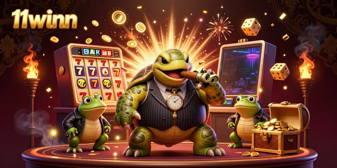 Experience thrilling 11winn moments with a vibrant casino scene featuring a snapping turtle in a pinstripe suit.