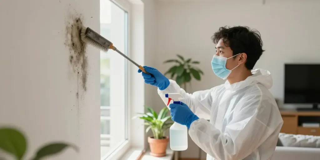 limpieza de moho en Barcelona en un apartamento moderno durante la limpieza profesional en una pared, usando equipo especializado.