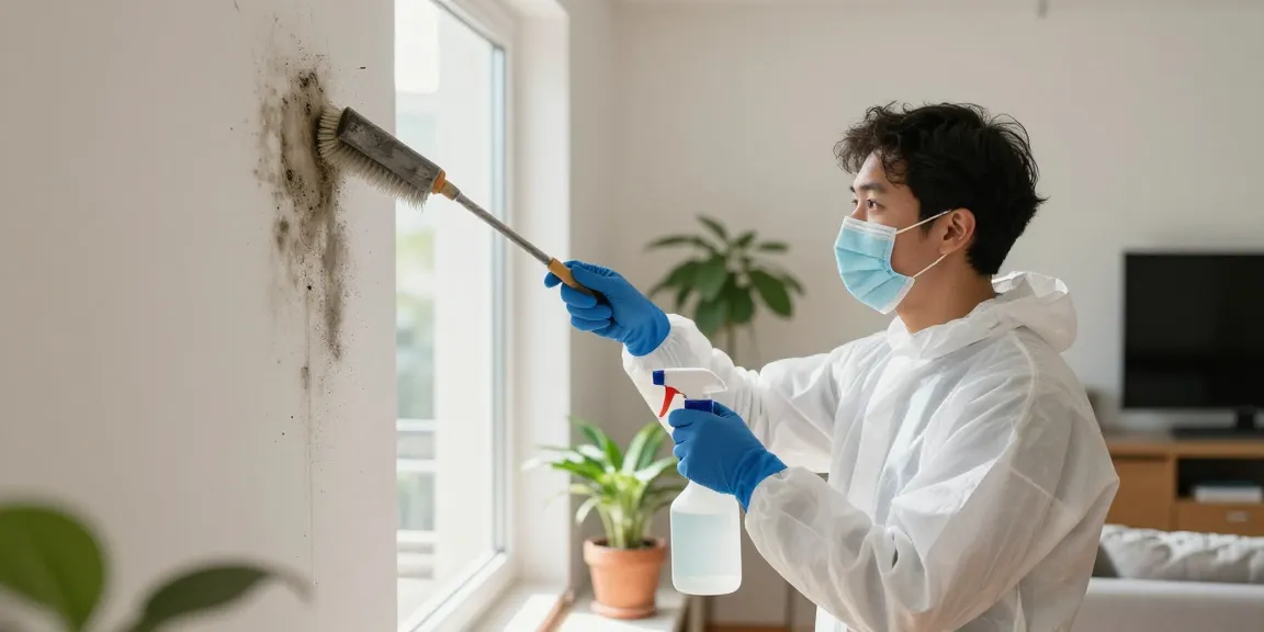 limpieza de moho en Barcelona en un apartamento moderno durante la limpieza profesional en una pared, usando equipo especializado.