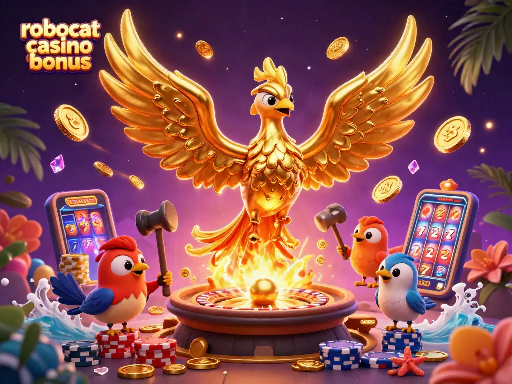 Experience the robocat casino bonus in this vibrant 3D depiction of casino-themed visuals.