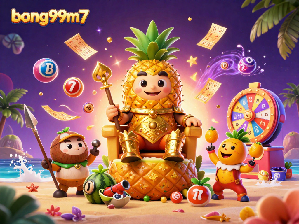 Play exciting games at bong99m7 with vibrant illustrations of lotto balls and a golden pineapple king.