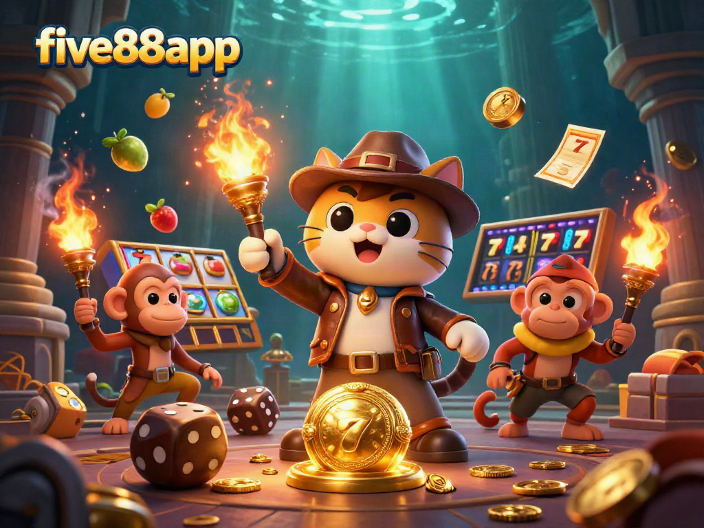 Discover thrilling casino treasures with five88app in this dynamic 3D adventure scene.