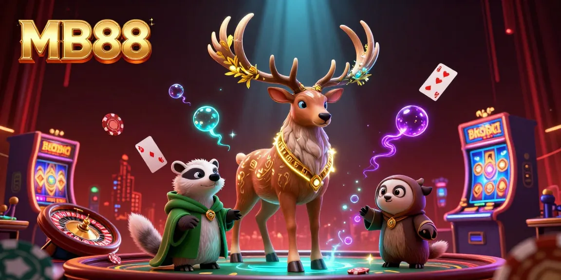 Experience thrilling gameplay at MB88 with a vibrant 3D casino scene illustrating poker chips, cards, and more.