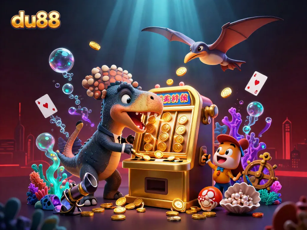 Experience the thrill of du88 as a cartoon pachycephalosaurus wins a jackpot, filled with colorful coins.