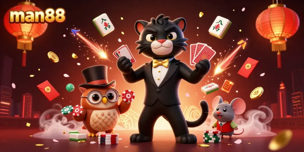 Experience excitement with man88 as a stylish tuxedo panther deals cards amidst festive gaming symbols.
