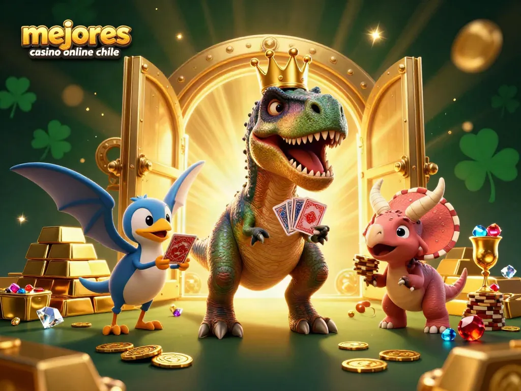 Ilustración 3D de un T-Rex jugando cartas en los mejores casinos online de Chile, con oro y joyas por doquier.