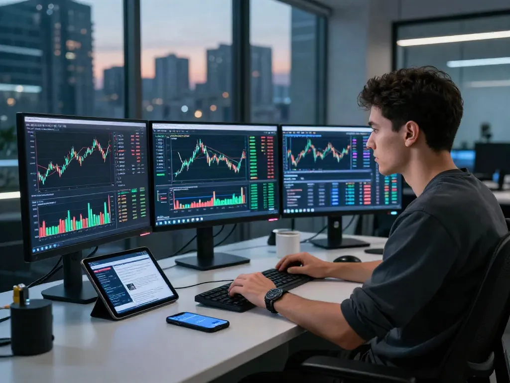Ambiente de negociación dinámica con Phuwerte Inwersowia, trader analizando gráficos de criptomonedas y herramientas modernas en un espacio de trabajo iluminado.