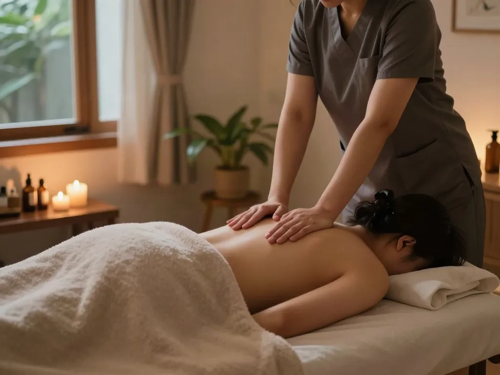 화곡동출장안마 massage therapy session in a calming home setting with soothing ambiance and professional therapist.