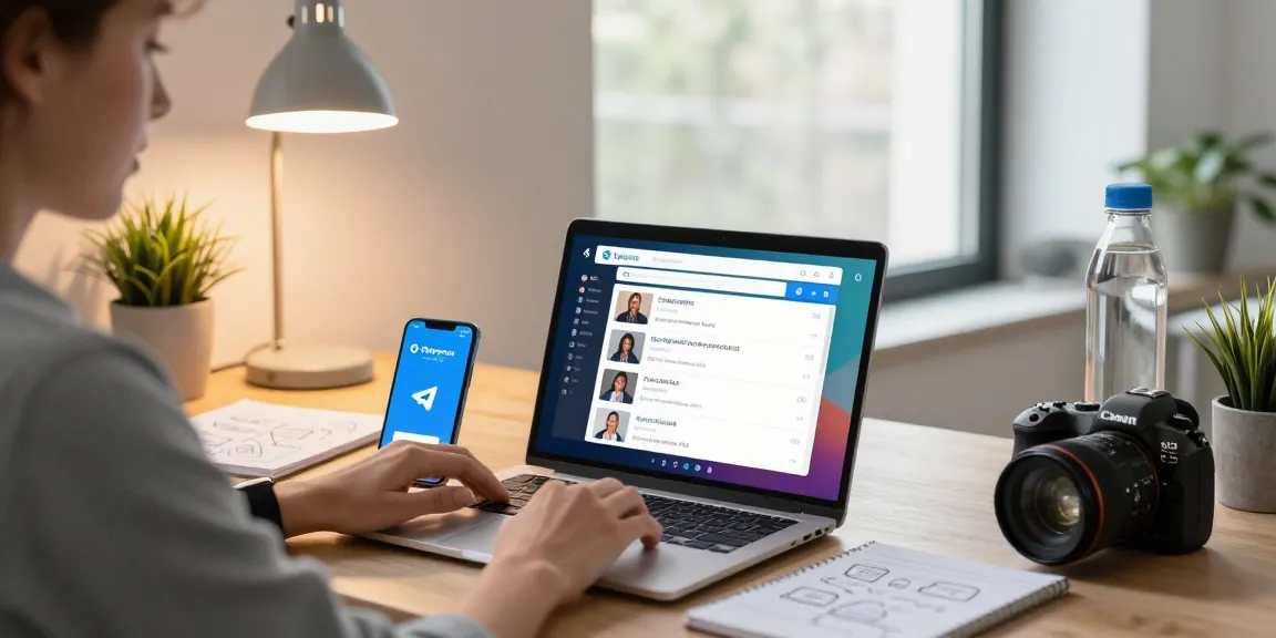 Using Telegram Web on a laptop in a modern workspace with notifications and a bright atmosphere.