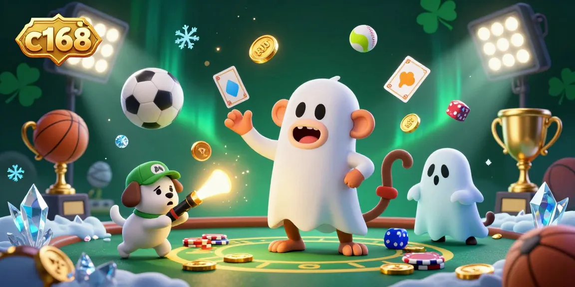 Experience c168's vibrant casino world with a playful poltergeist monkey and a curious puppy tracking it in a haunted setting.