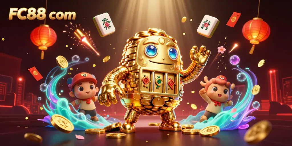 Engaging scene showcasing the FC88 com golden golem amidst vibrant casino elements and festive decorations